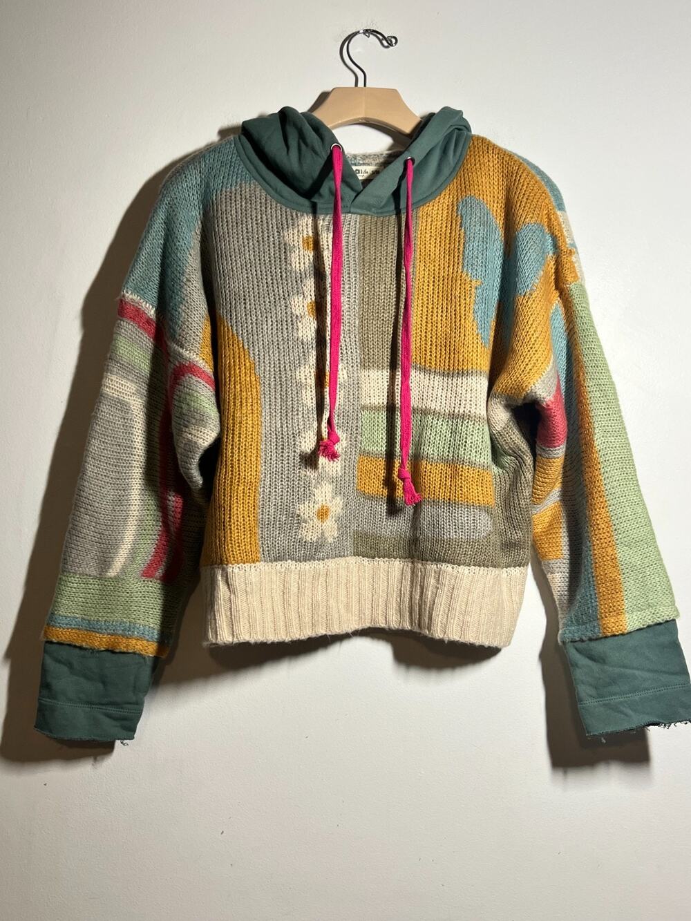 Natural Life EUC Dreamer Jacquard Hooded Boxy Pullover Cropped Sweater S/M